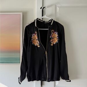 H&M Embroidered Silk-like Black Bomber Jacket